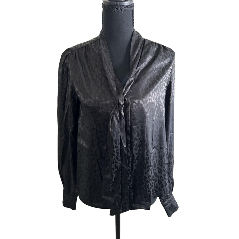 Women's Long-Sleeve Black Leopard Patterned Blouse w/Neck Tie, Size S